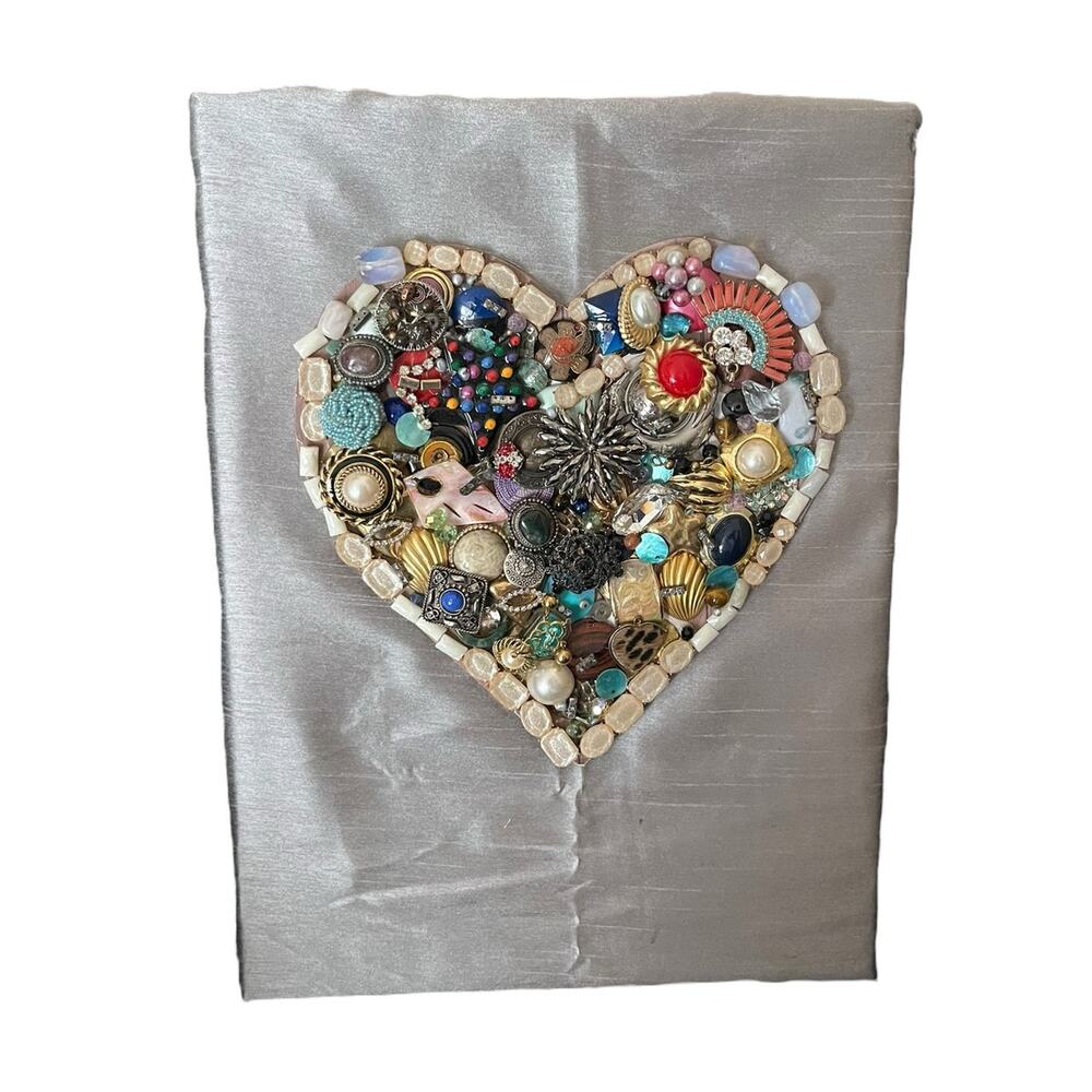 Vintage Jewels heart collage on canvas silk blend backing Handmade 16x12 inches